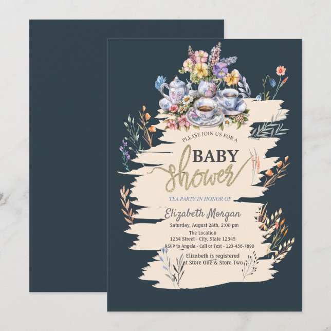 Invitación Fiesta del té en pradera de flores silvestres Baby (Anverso / Reverso)