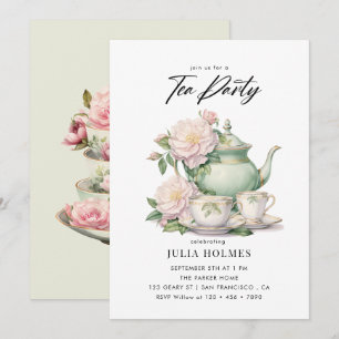 Invitación Fiesta del té en taza de té floral acuarela