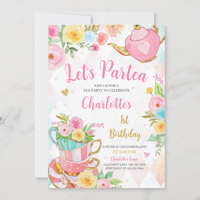 Invitación Fiesta del té floral Cumpleaños (Anverso)