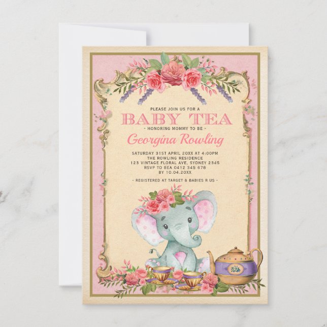 Invitación Fiesta del té floral rosada Baby Shower del (Anverso)