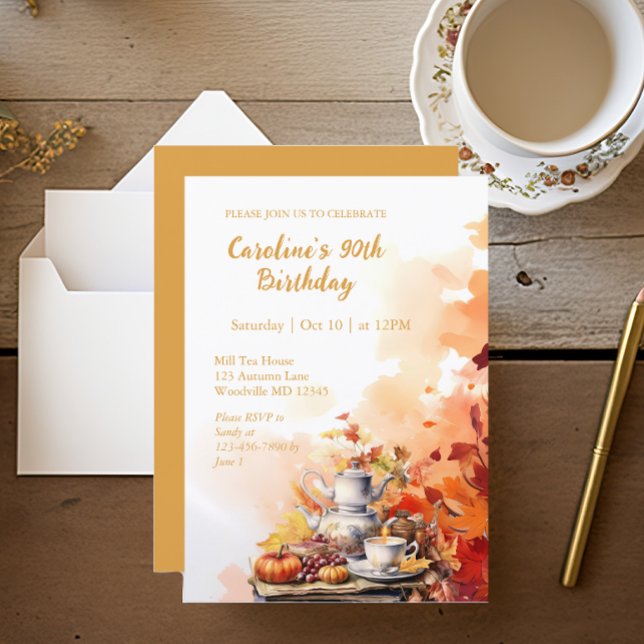 Invitación Fiesta del té otoñal Elegant 90 cumpleaños (Subido por el creador)