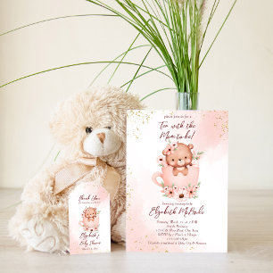 Invitación Fiesta del té para baby shower osito rosa en una t