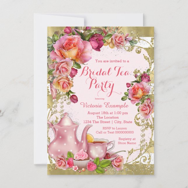 Invitación Fiesta del Té Rosa y Dorado (Anverso)