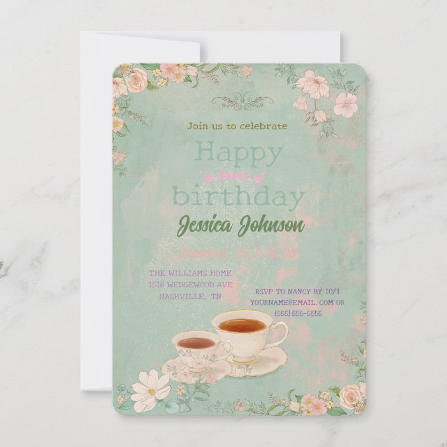 Invitación Fiesta del Té Shabby Chic (Anverso)