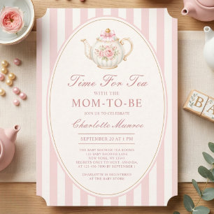 Invitación Fiesta del té tetera floral de rayas rosadas Baby
