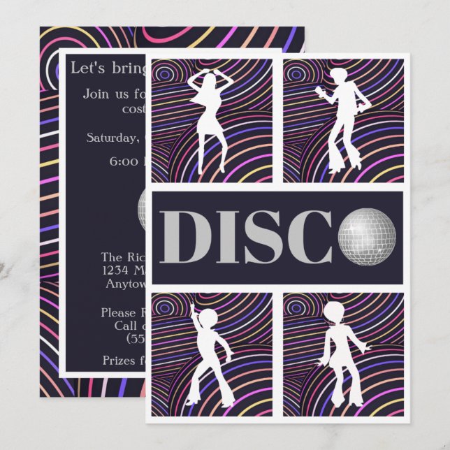 Invitación Fiesta del tema 70 de Funky Swirls Disco (Anverso / Reverso)