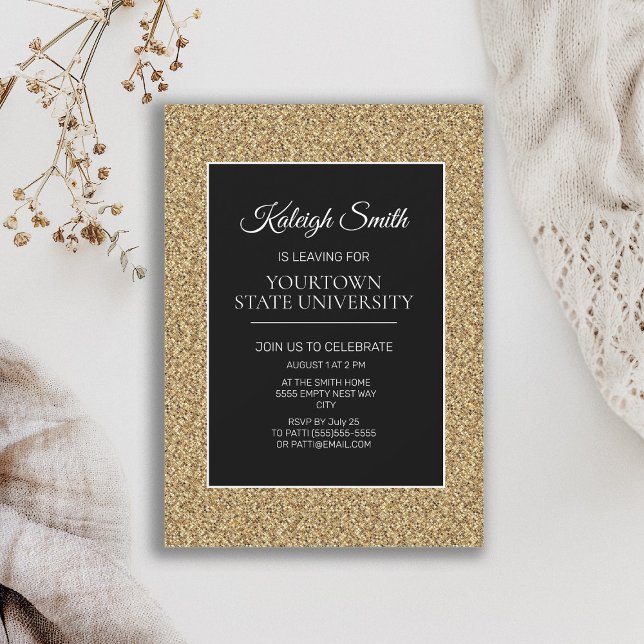 Invitación Fiesta del Trunk Universitario Elegant Gold Purpur (Elegant black and gold glitter graduation/trunk party invitation)
