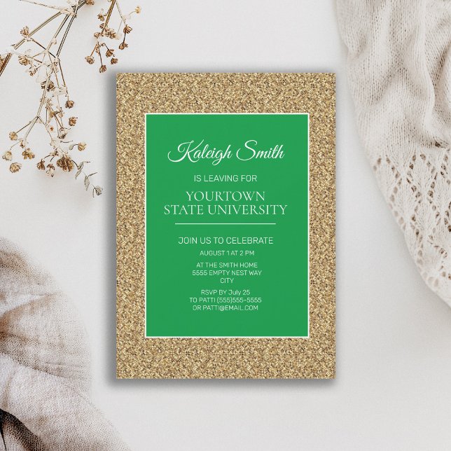 Invitación Fiesta del Trunk Universitario Elegant Gold Purpur (Green and gold glitter graduation trunk party invitation)