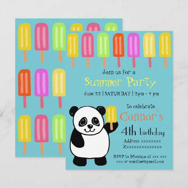 Invitación Fiesta del verano del oso de panda con los (Anverso / Reverso)