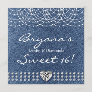 Invitación Fiesta Denim & Diamonds Bling Heart Dulces 16