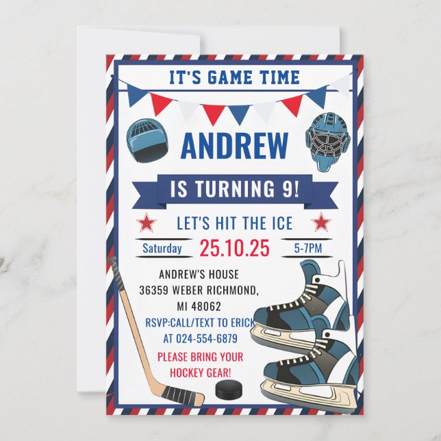 Invitación Fiesta Deportivo Personalizado de Hockey sobre Hie (Anverso)