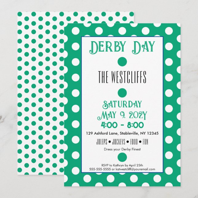Invitación Fiesta derby verde y blanco de puntos de seda jock (Anverso / Reverso)
