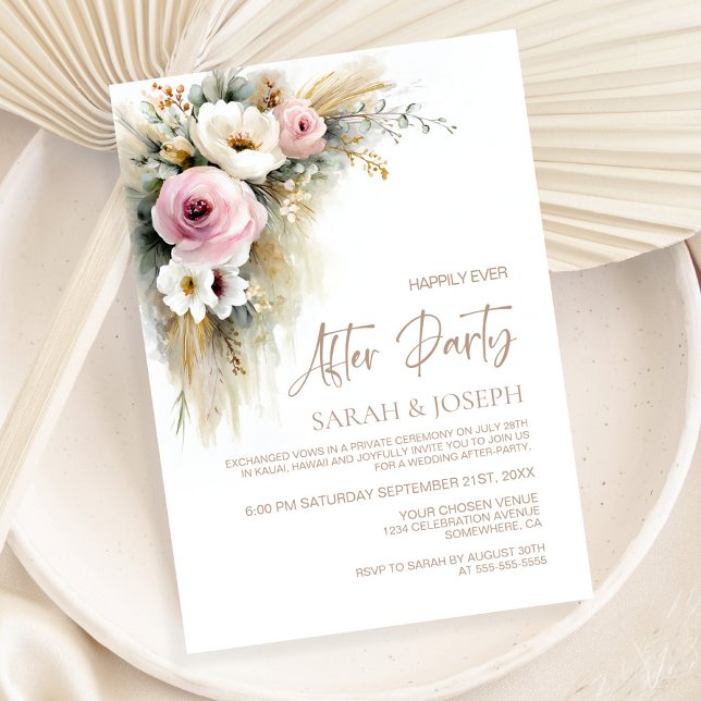 Invitación Fiesta Después de Boda Rústica con Flores Rosadas  (Subido por el creador)