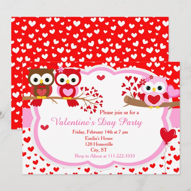 Invitación Fiesta día de San Valentín Cute Valentine Owls (Anverso / Reverso)