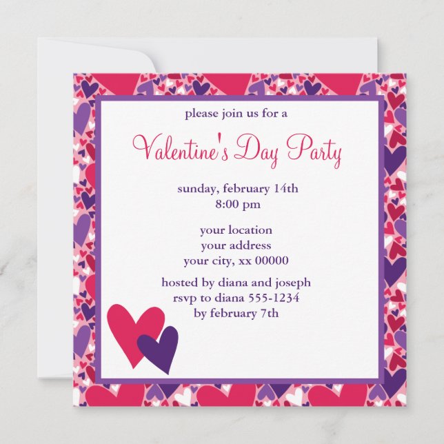 Invitación Fiesta Día de San Valentín Pink and Purple Heart (Anverso)