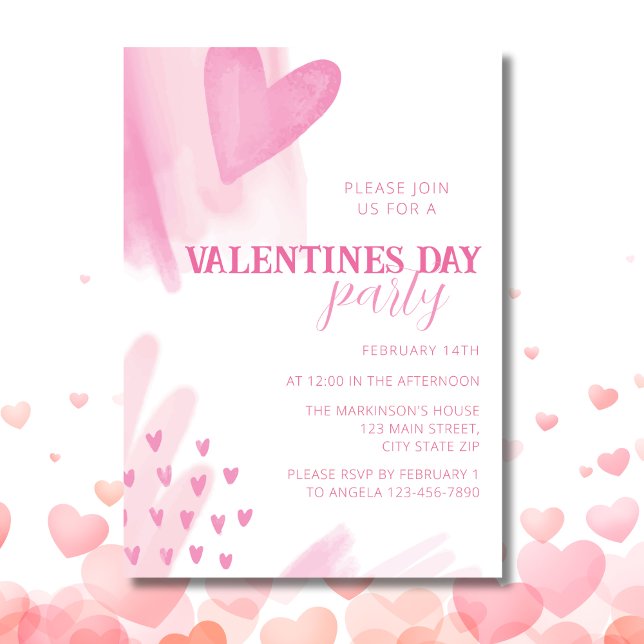 Invitación Fiesta Día de San Valentín rosa acuarela de corazó (Subido por el creador)