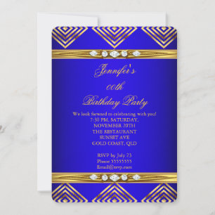 Invitación Fiesta Diamante Dorado con Raya Deco Azul Real