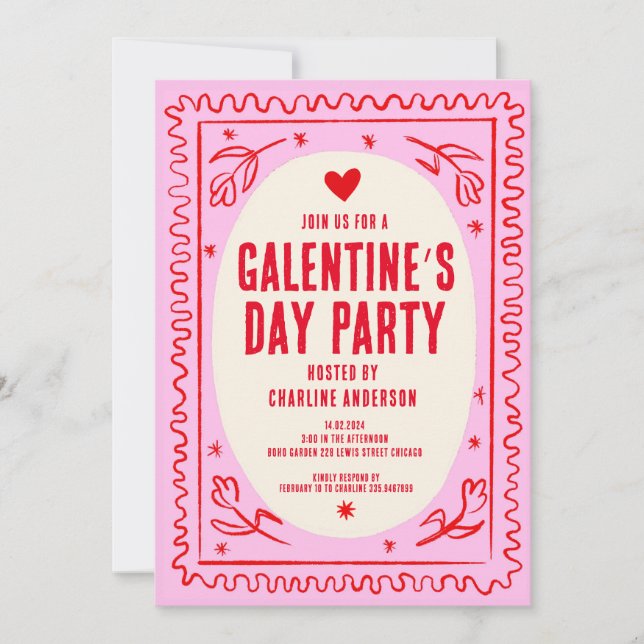 Invitación Fiesta dibujado a mano en el Día de Galentine (Anverso)