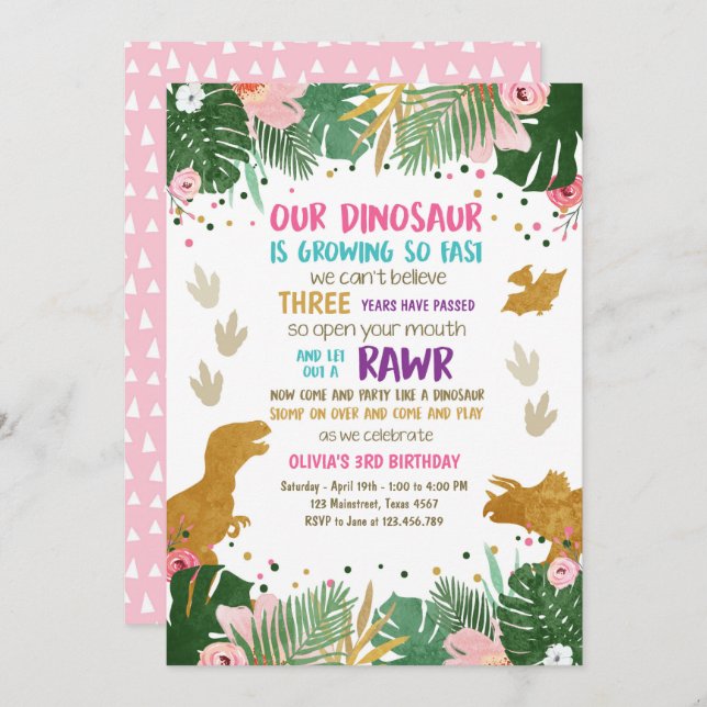 Invitación Fiesta Dino de las hojas del rosa del oro del (Anverso / Reverso)