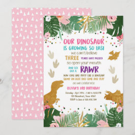 Invitación Fiesta Dino de las hojas del rosa del oro del
