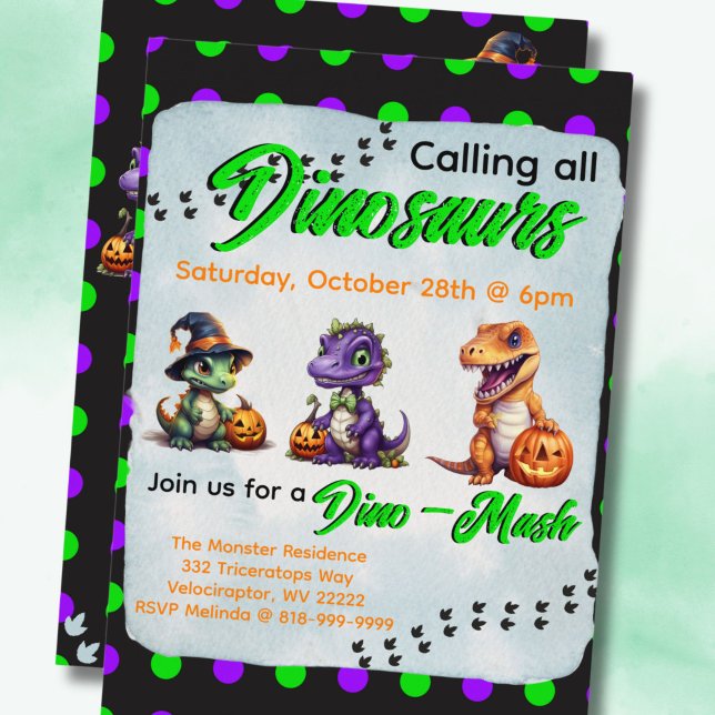 Invitación Fiesta Dino-Mash de los dinosaurios de Halloween (Halloween Dinosaur Dino-Mash Party Invitation with Green Font)