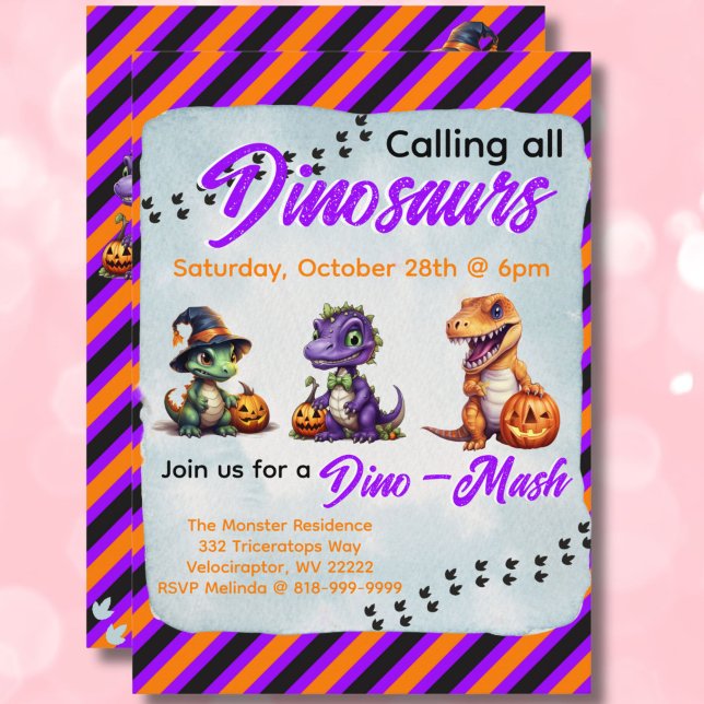 Invitación Fiesta Dino-Mash de los dinosaurios de Halloween (Purple & Orange Diagonal Stripe Dinosaur Halloween Dino-Mash Party Invitation)