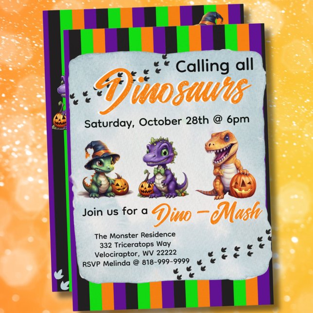 Invitación Fiesta Dino-Mash de los dinosaurios de Halloween (Green, Purple, Black and Orange Vertical Stripe Dinosaur Halloween Dino-Mash Party Invitation)