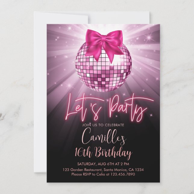 Invitación Fiesta Disco Ball | cumpleaños del arco rosado (Anverso)