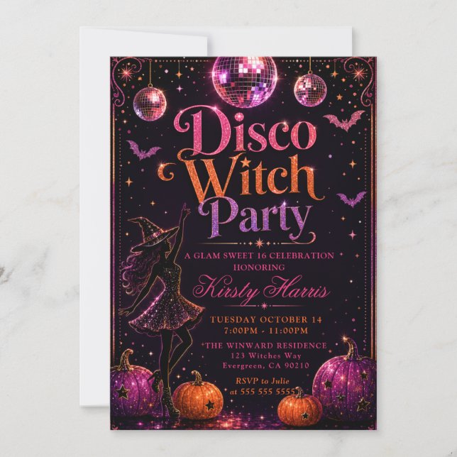 Invitación Fiesta Disco Bruja Cumpleaños 16 (Anverso)