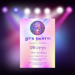 Invitación Fiesta Disco cumpleaños holográfico rosa