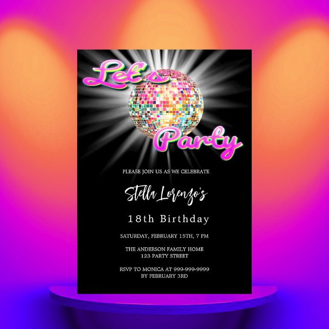 Invitación Fiesta Disco de cumpleaños negro rosa (Subido por el creador)