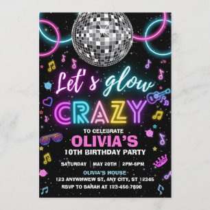 Invitación Fiesta disco Let's Glow Crazy