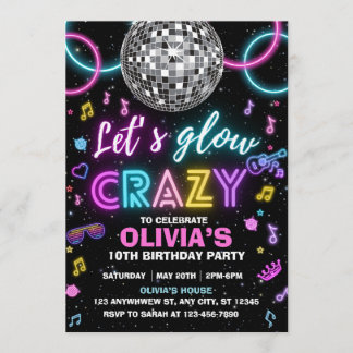 Invitación Fiesta disco Let's Glow Crazy