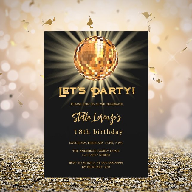 Invitación Fiesta disco negro de oro cumpleaños (Subido por el creador)