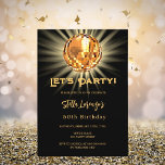 Invitación Fiesta disco oro negro 50 cumpleaños<br><div class="desc">Una 50.ª invitación. Un fondo negro decorado con una bola de oro de la discoteca. Texto: ¡Vamos Fiesta! Personalice y agregue un nombre y detalles del fiesta. El nombre se escribe con un guión de estilo con letras a mano.</div>