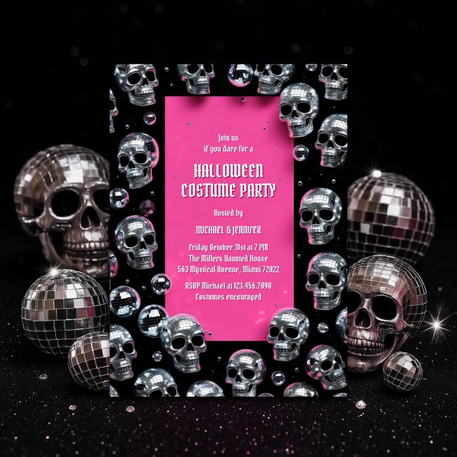 Invitación Fiesta disfraz de disfraces de glam rosado Hallowe (Disco Skull Pink Halloween Costume Party – Glam Spooky Chic)
