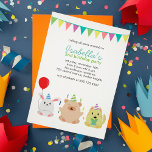 Invitación Fiesta divertida anima cumpleaños de niños<br><div class="desc">Las invitaciones para fiestas de cumpleaños son adorables y cuentan con un dulce ilustracion de oso marrón,  un conejo conejo y un gato amarillo.</div>