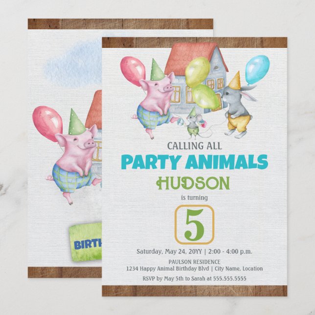 Invitación Fiesta divertida colorido Animales Niño Cumpleaños (Anverso / Reverso)