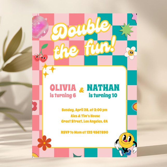 Invitación Fiesta Divertida de Cumpleaños Doble Conjunta Herm (double birthday partyjoint birthdaysiblings birthdayboy and girlboy and girl joint partyboy and girl)