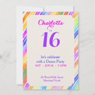 Invitación Fiesta divertida de cumpleaños número 16 con rayas