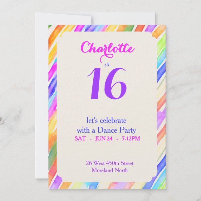 Invitación Fiesta divertida de cumpleaños número 16 con rayas (Anverso)