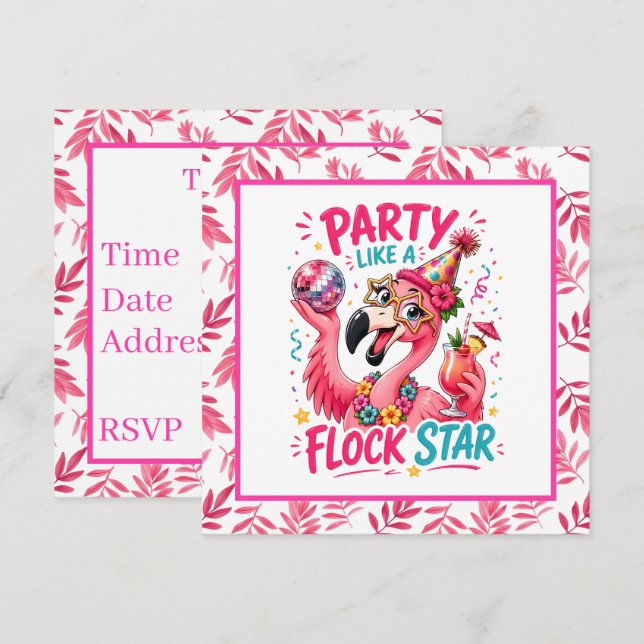 Invitación Fiesta divertida de flamencos rosados estrella de  (Anverso / Reverso)