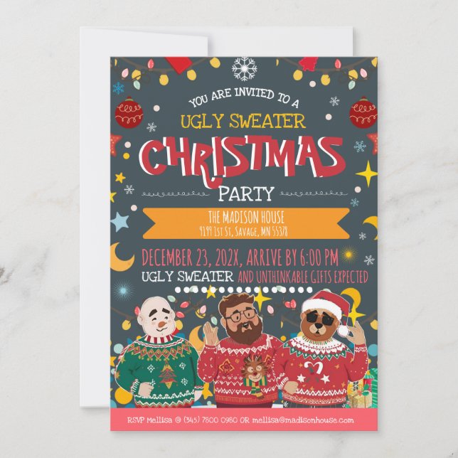 Invitación Fiesta divertida de Navidad con concurso de suéter (Anverso)