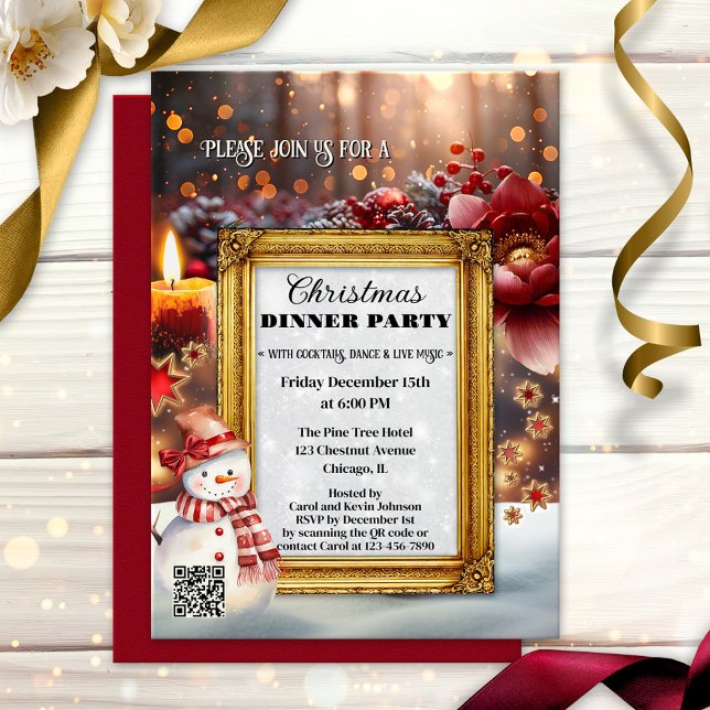 Invitación Fiesta divertida de Navidad con estilo retro (Fun whimsical Christmas dinner party invitation featuring seasonal illustrations)