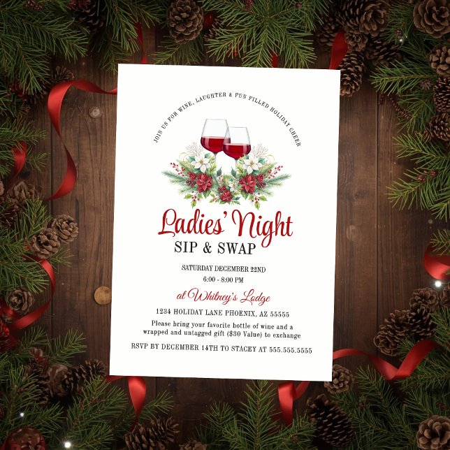 Invitación Fiesta divertida de Navidad moderna para beber y c (Elegant and festive ladies' night sip and swap gift exchange invitation for wine cocktail event)