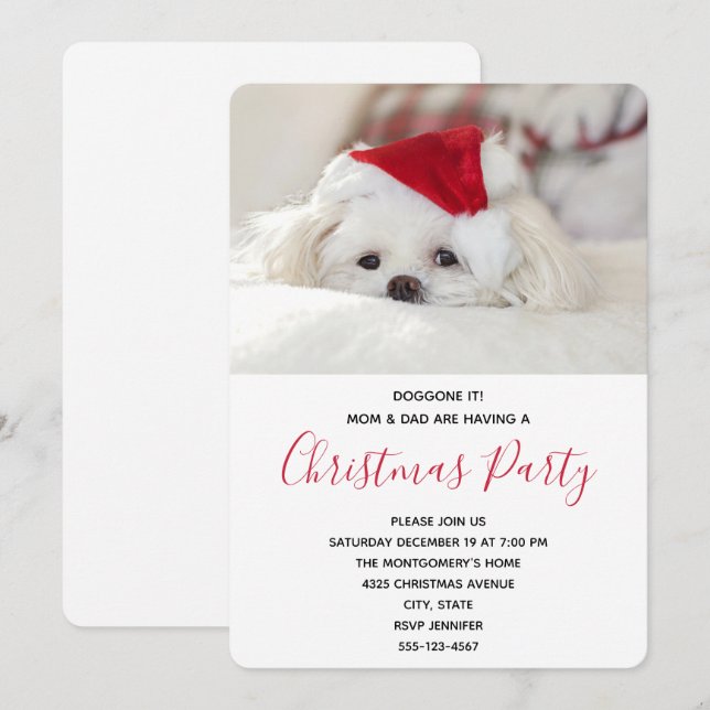 Invitación Fiesta divertida de perro blanco con sombrero rojo (Anverso / Reverso)
