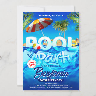 Invitación Fiesta Divertida de Piscina Cumpleaños Brillante T
