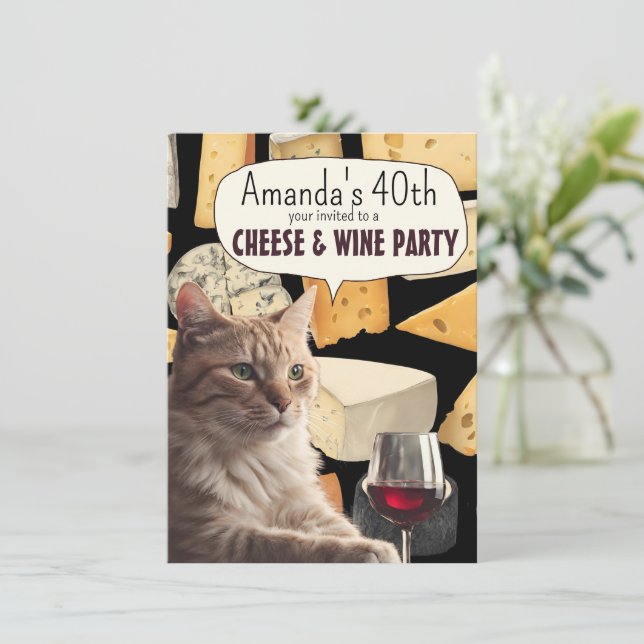 Invitación Fiesta divertida de queso de gato y vino invitació (Anverso de pie)