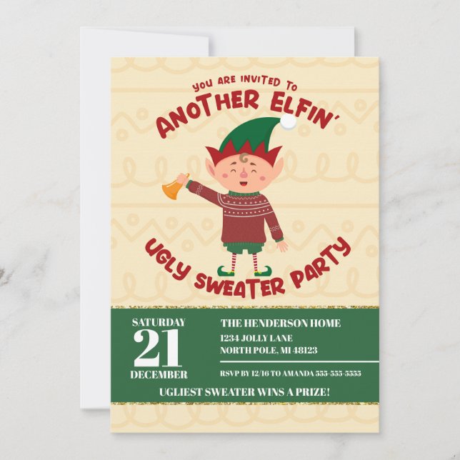 Invitación Fiesta divertida de suéter feo de Navidad de duend (Anverso)