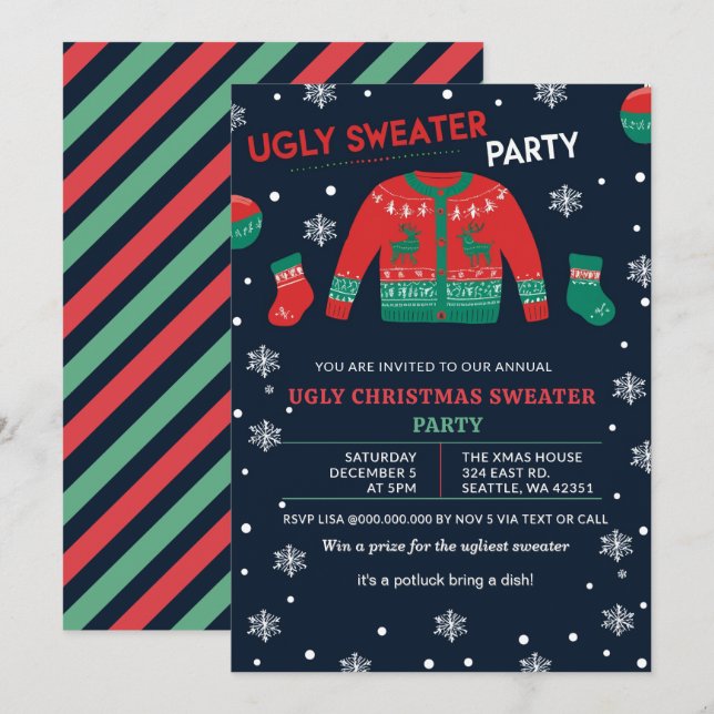 Invitación Fiesta Divertida de Suéteres Feos de Navidad en Ro (Anverso / Reverso)